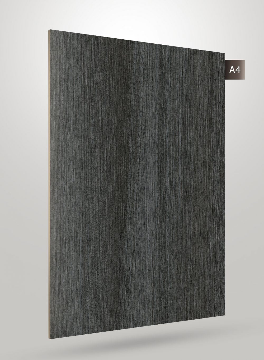 Dark grey wood grain decorative laminate with matte finish and vertical wood pattern texture.
