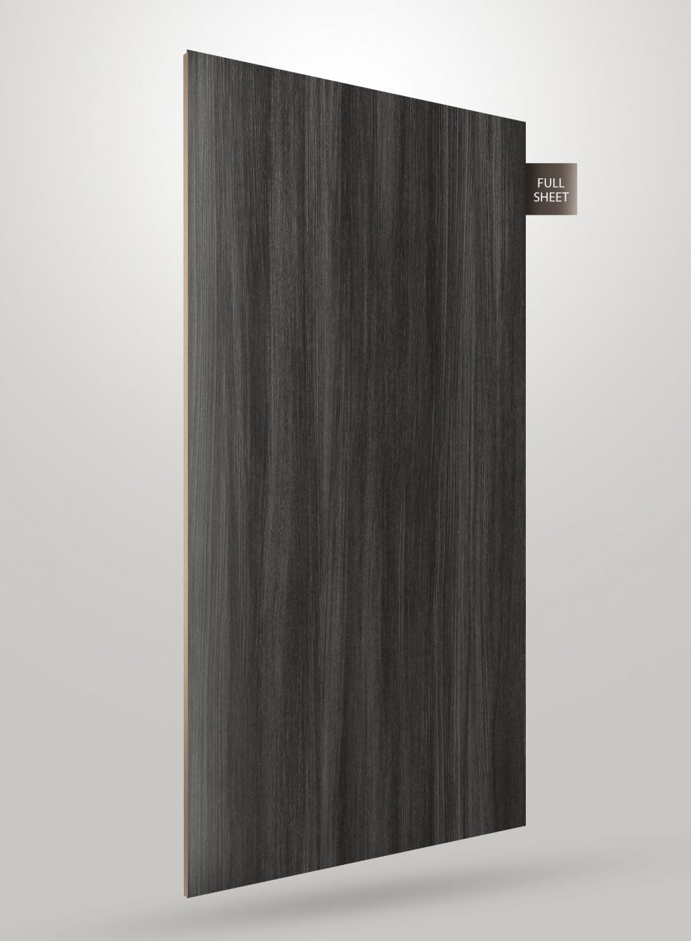 Dark grey wood grain laminate sheet with matte finish and visible wood texture displayed as full sheet.