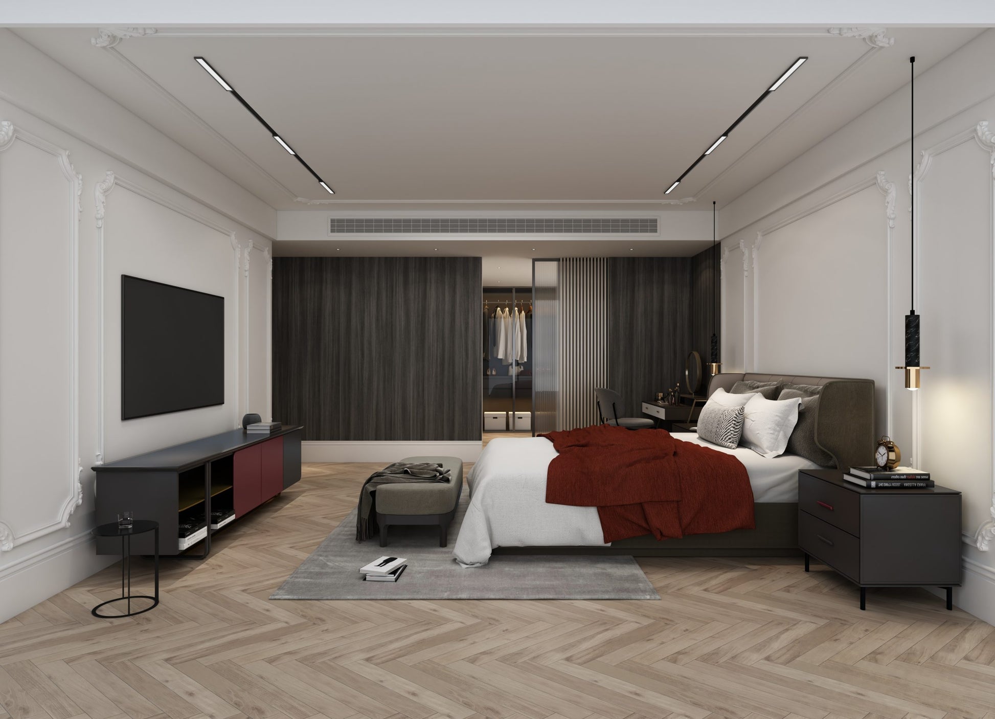 Wood laminate flooring in herringbone pattern, light brown color, matte finish, in a modern bedroom setting with furniture