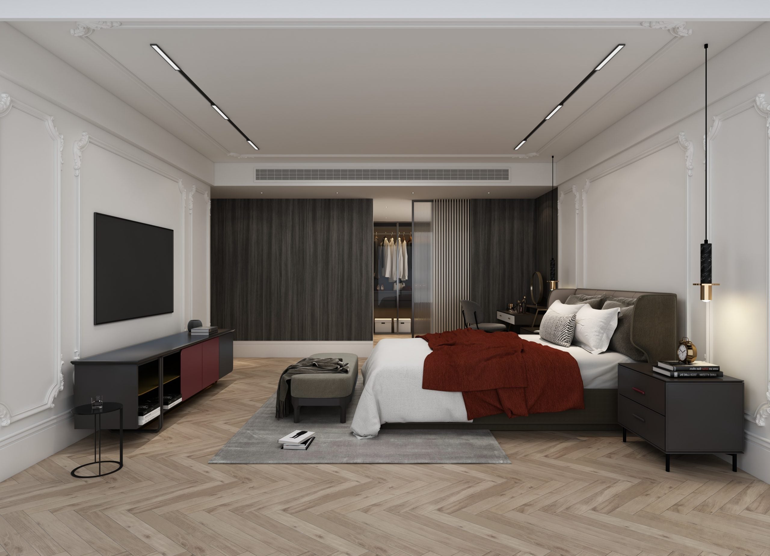 Wood laminate flooring in herringbone pattern, light brown color, matte finish, in a modern bedroom setting with furniture