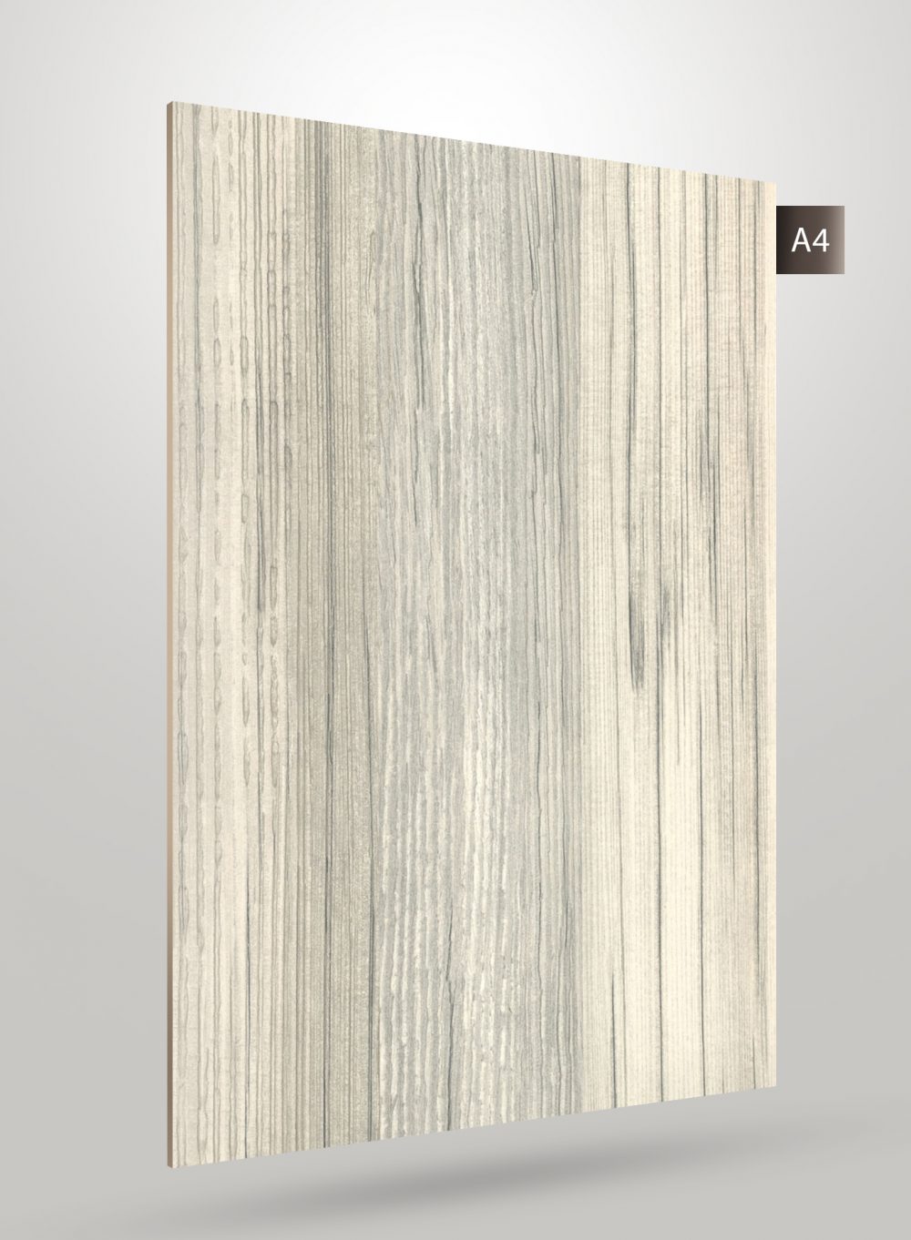 Multi-colour wood grain laminate with matte finish and vertical texture pattern on a light grey background with A4 label.