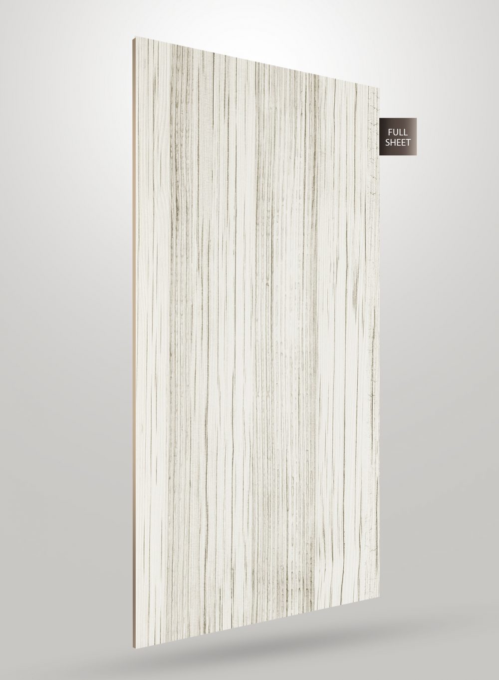 Multi-coloured wood grain decorative laminate with vertical pattern and matte finish, shown as full sheet.