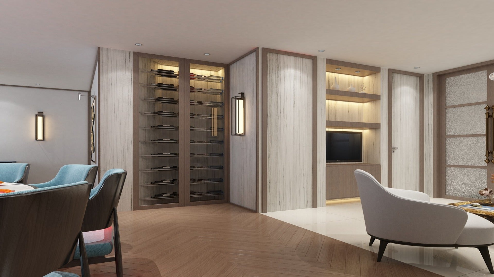 Wood laminate interior with matte finish, visible wood grain texture, used on walls and herringbone patterned floor.