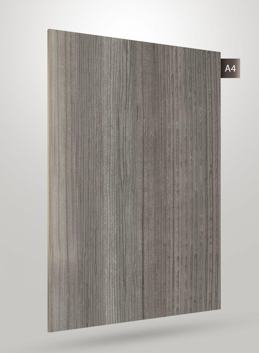 Grey wood grain decorative laminate with matte finish and textured surface, showing vertical wood pattern and subtle grain