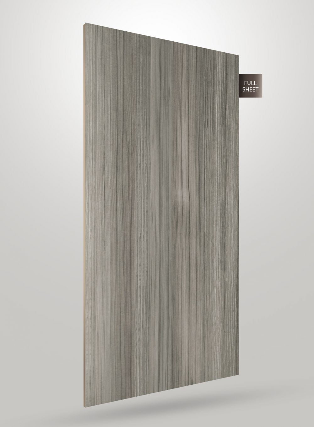 Grey wood grain decorative laminate sheet with vertical grain pattern and matte finish.