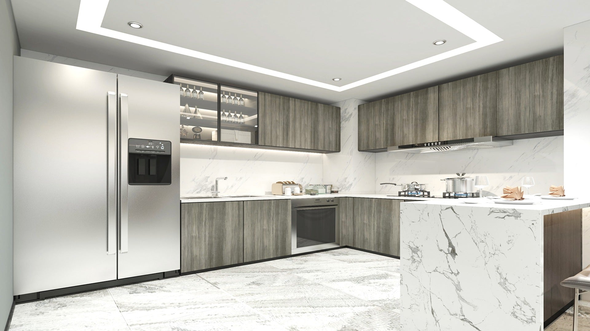 Wood laminate kitchen cabinets with matte finish and wood grain texture in modern kitchen setting with marble countertops