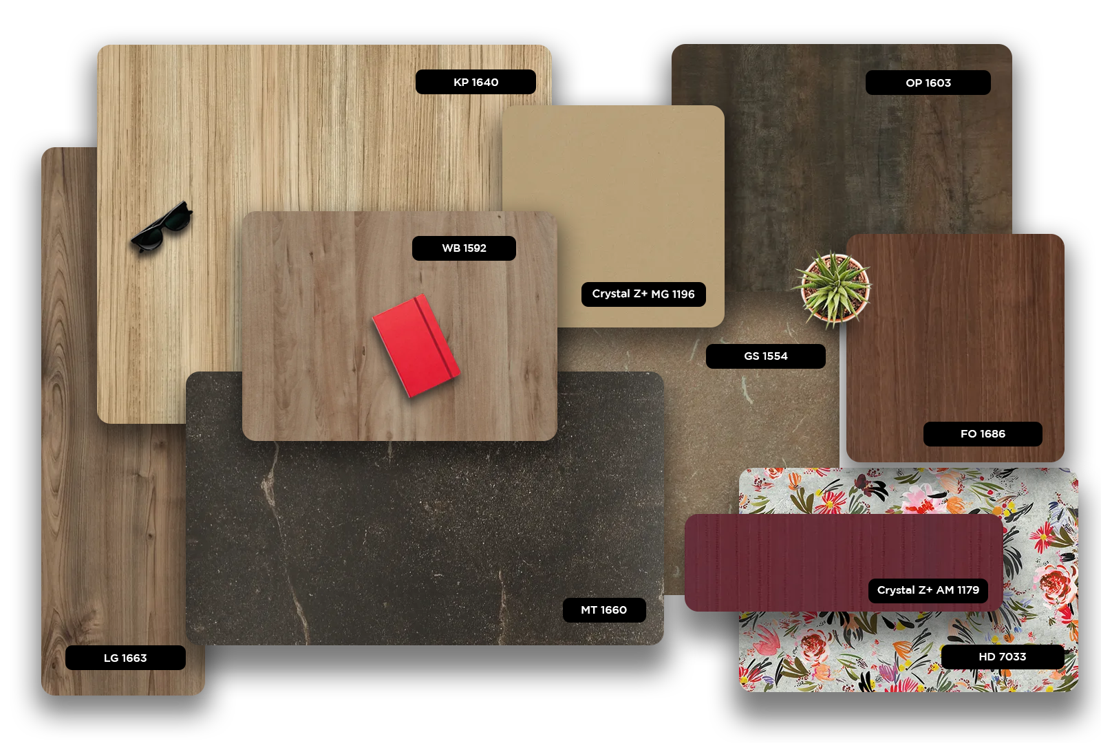 Wood grain laminate samples with various textures and colors, showcasing different finishes and patterns for decorative