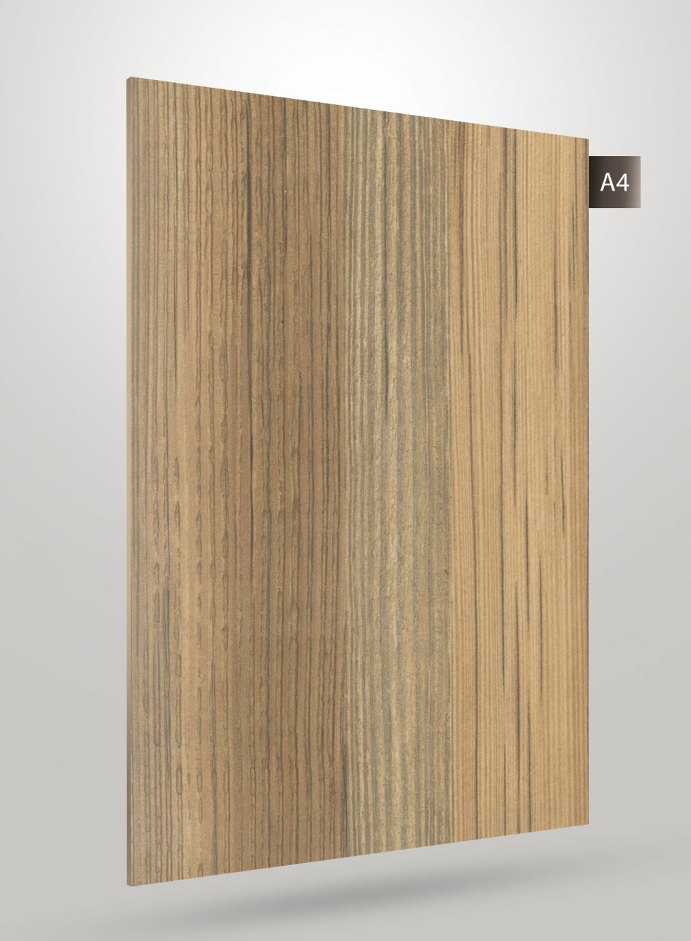 Wood grain laminate with vertical striped pattern and matte finish, displaying textured surface and subtle color variation.