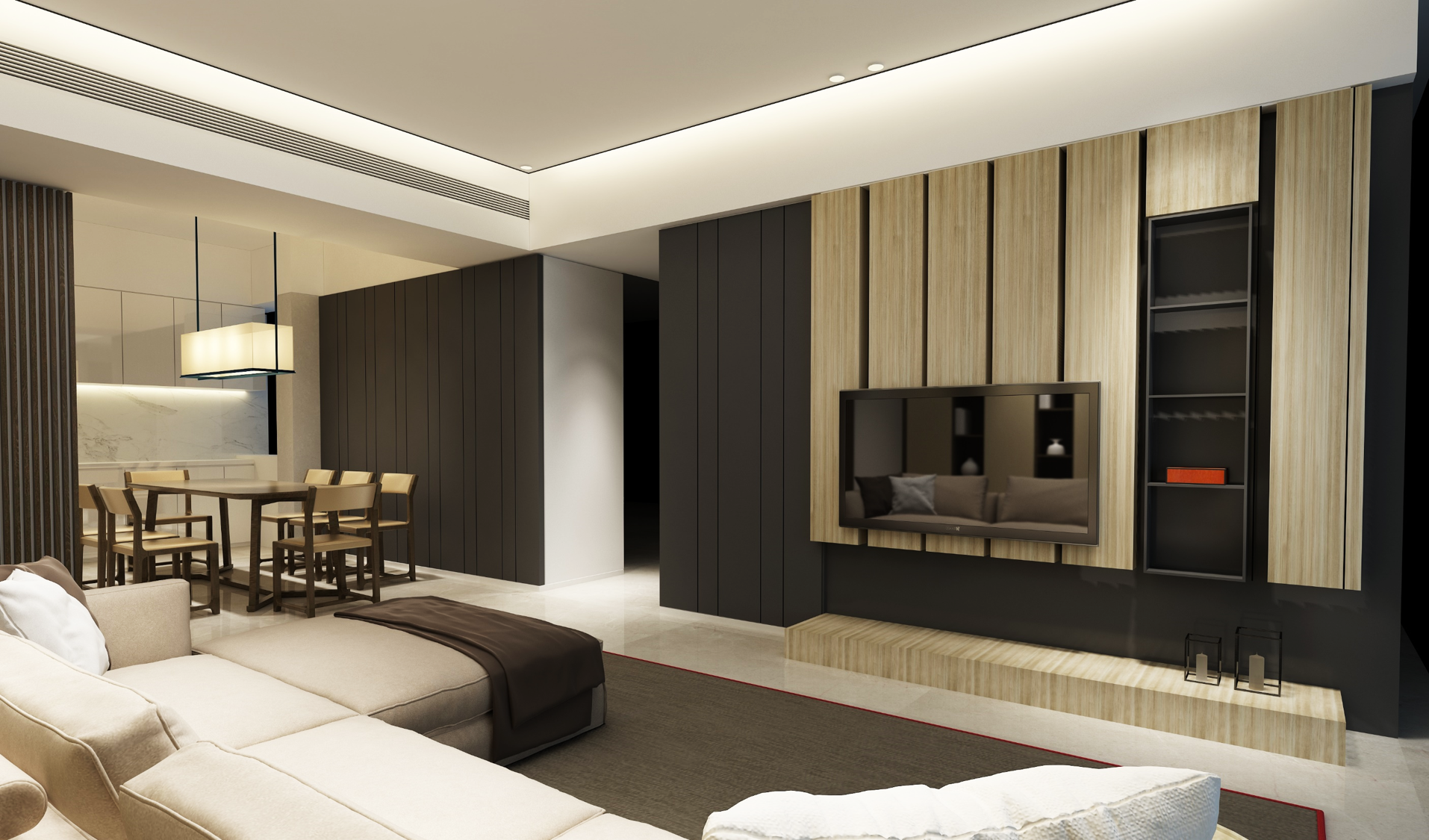 Wood laminate wall panels with matte finish and wood grain texture in modern living room interior design setup.