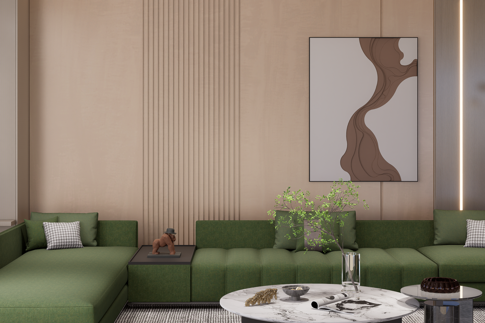 Beige matte laminate wall with vertical grooves in modern living room setting with green sofa and decorative elements.