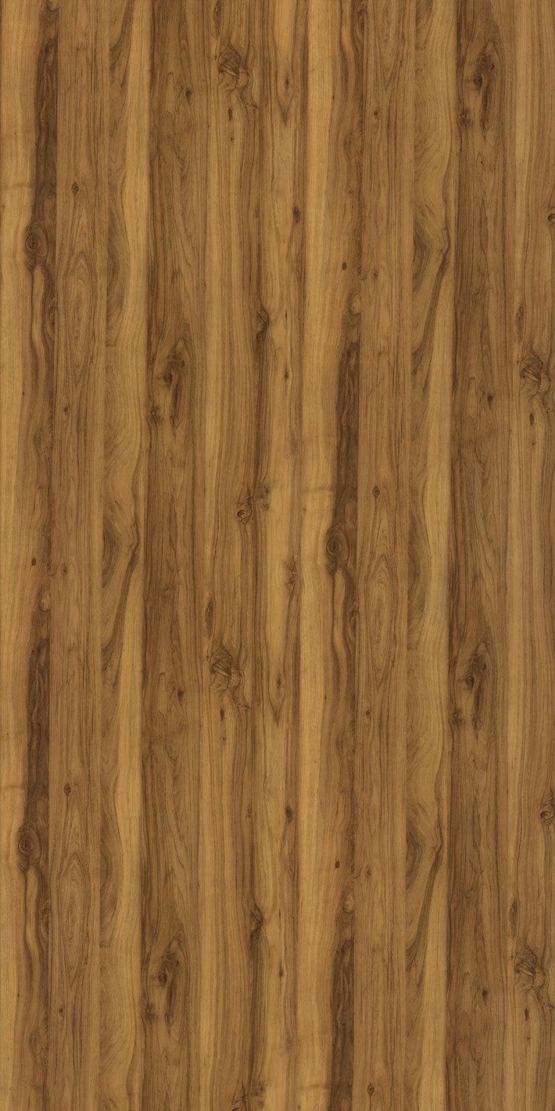 Brown wood grain laminate with textured finish and vertical wood pattern, showing natural wood knots and grain variations.