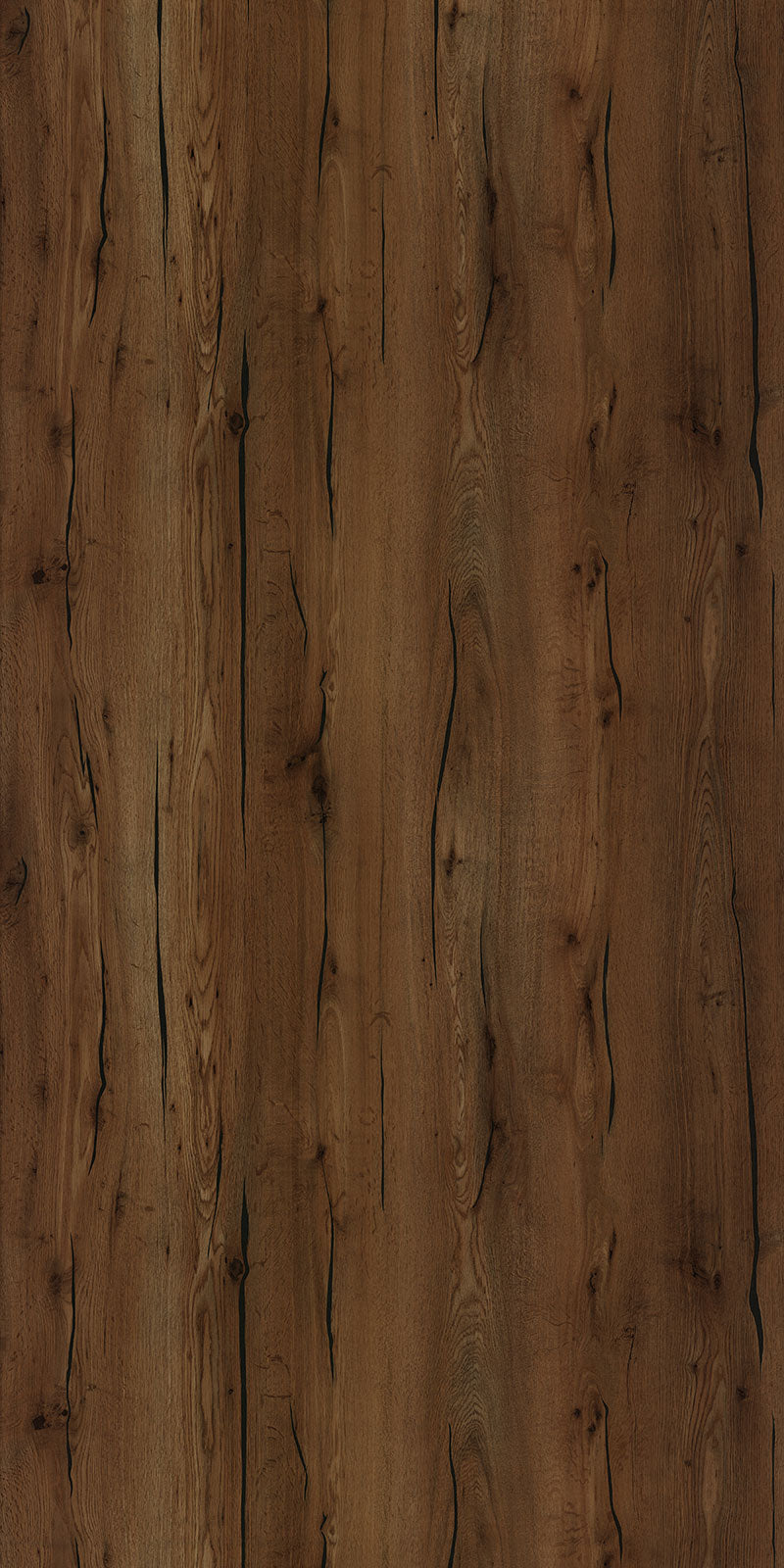 Brown wood laminate with textured finish and wood grain pattern, featuring vertical planks and natural wood knots and cracks.