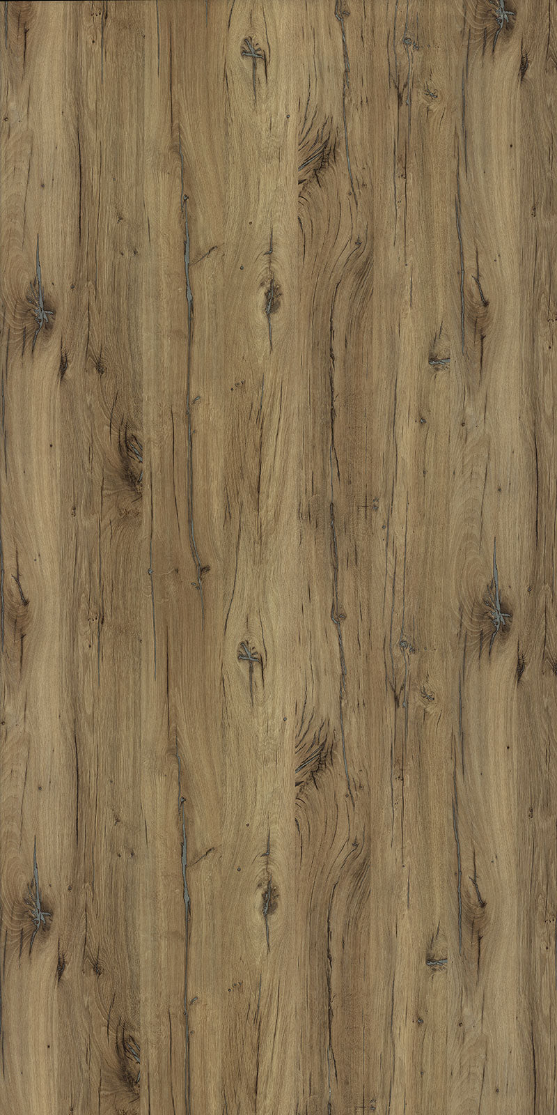 Brown wood laminate with textured finish and wood grain pattern showing knots and dark streaks.