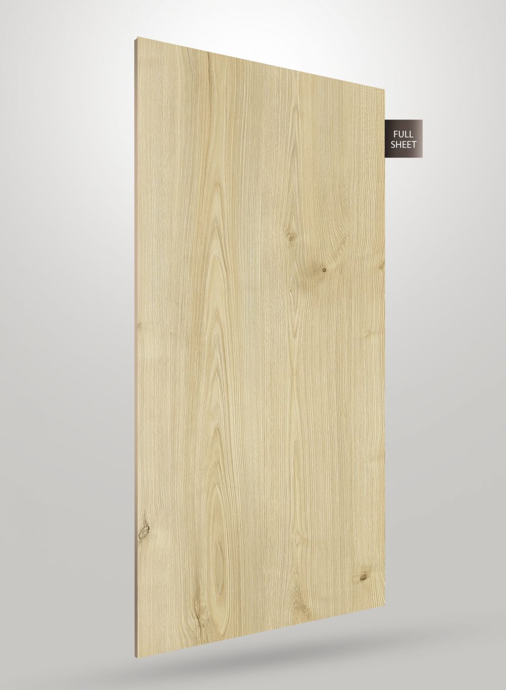 Grey wood grain laminate sheet with matte finish and visible texture, labelled full sheet.