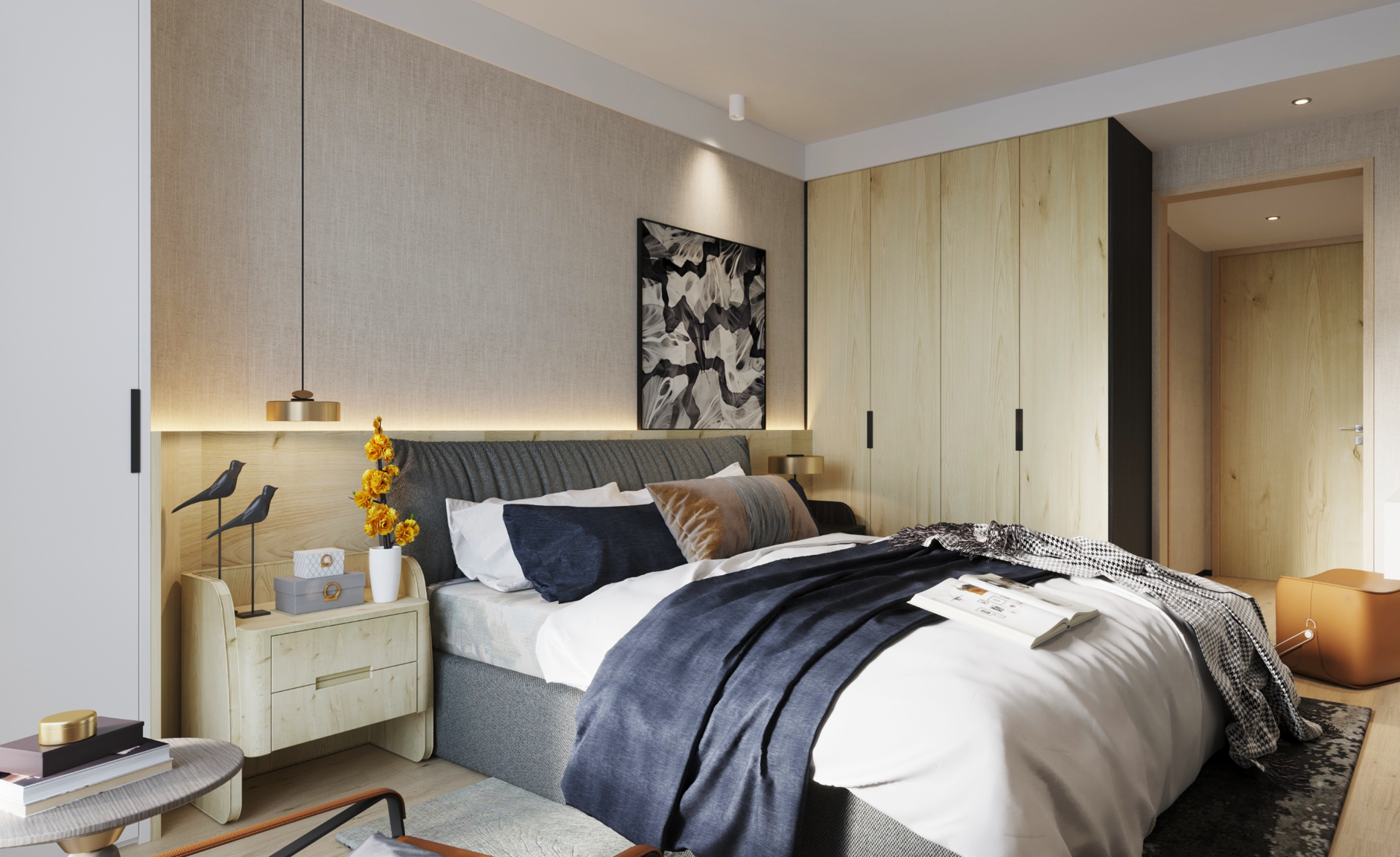Grey wood laminate with matte finish and wood grain texture used on bedroom cabinets and nightstand