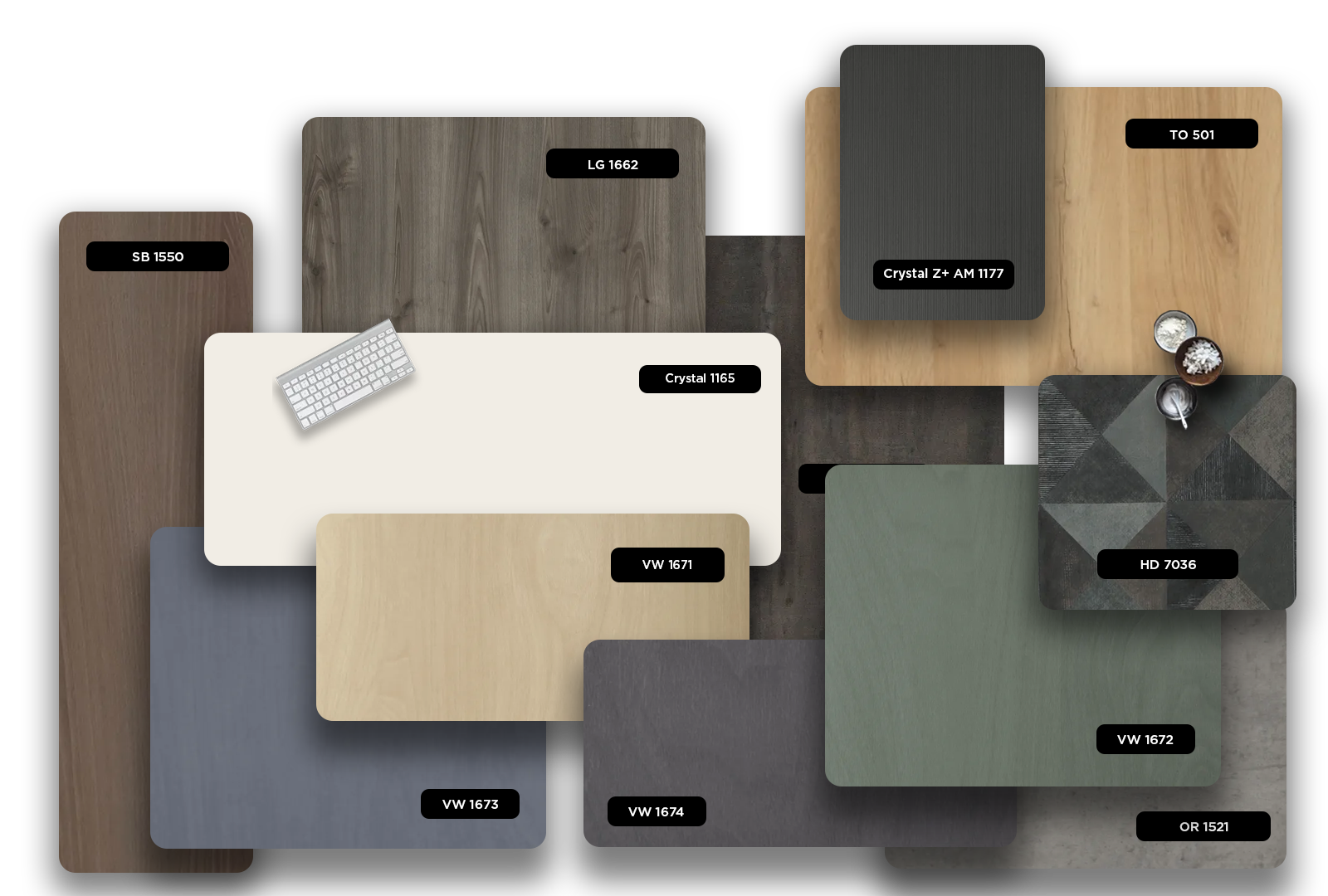 Multi-coloured wood grain laminate with matte finish and various wood textures displayed in different samples.