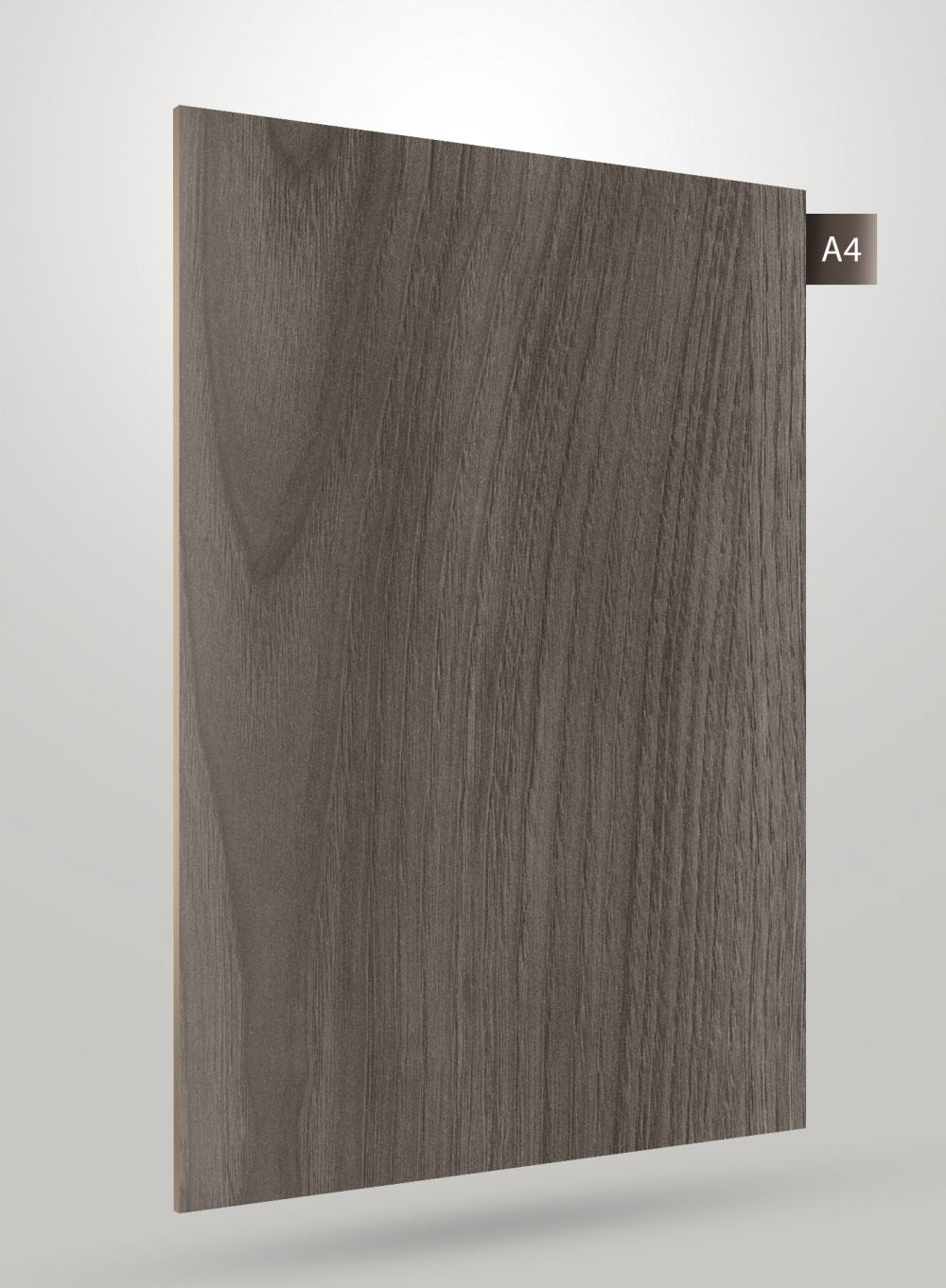 Dark grey wood grain decorative laminate with matte finish and visible texture, labelled A4.