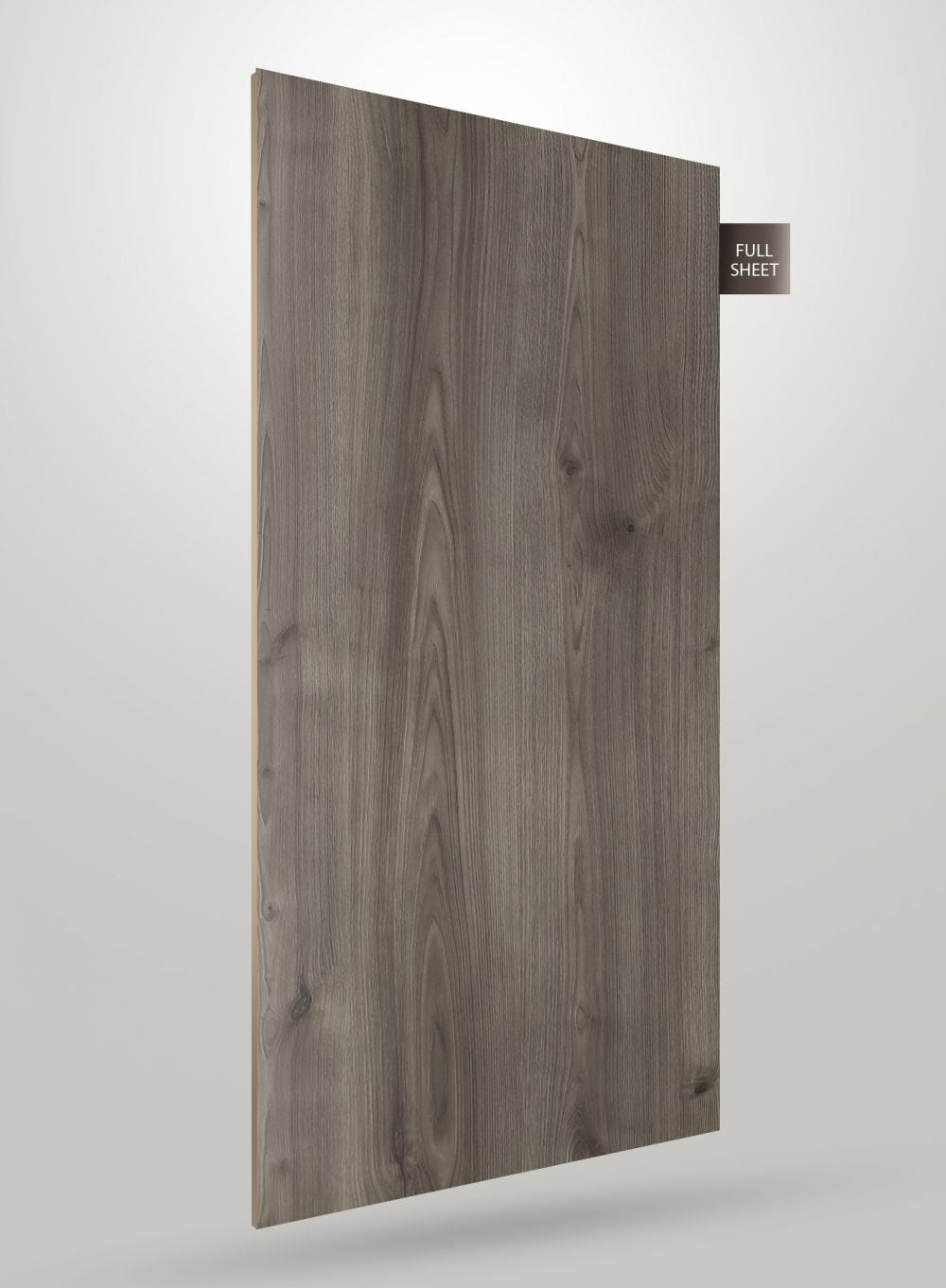 Grey wood grain decorative laminate sheet with matte finish and visible wood texture, displayed as full sheet.
