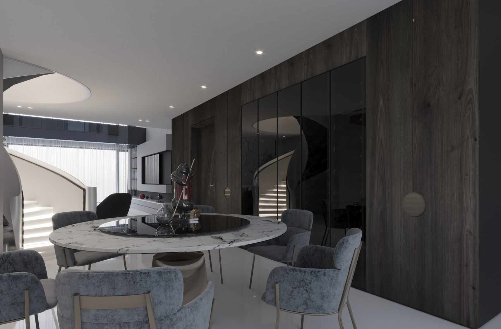 Dark wood laminate wall with matte finish and wood grain texture in modern dining room interior