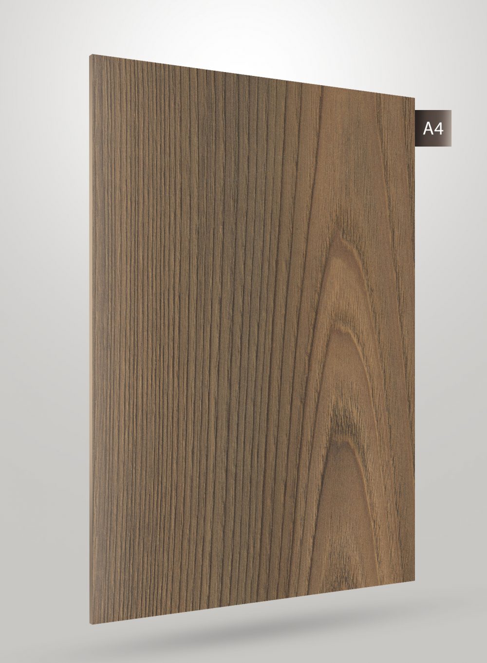 Brown wood grain decorative laminate with matte finish and vertical wood pattern texture on a square sample.