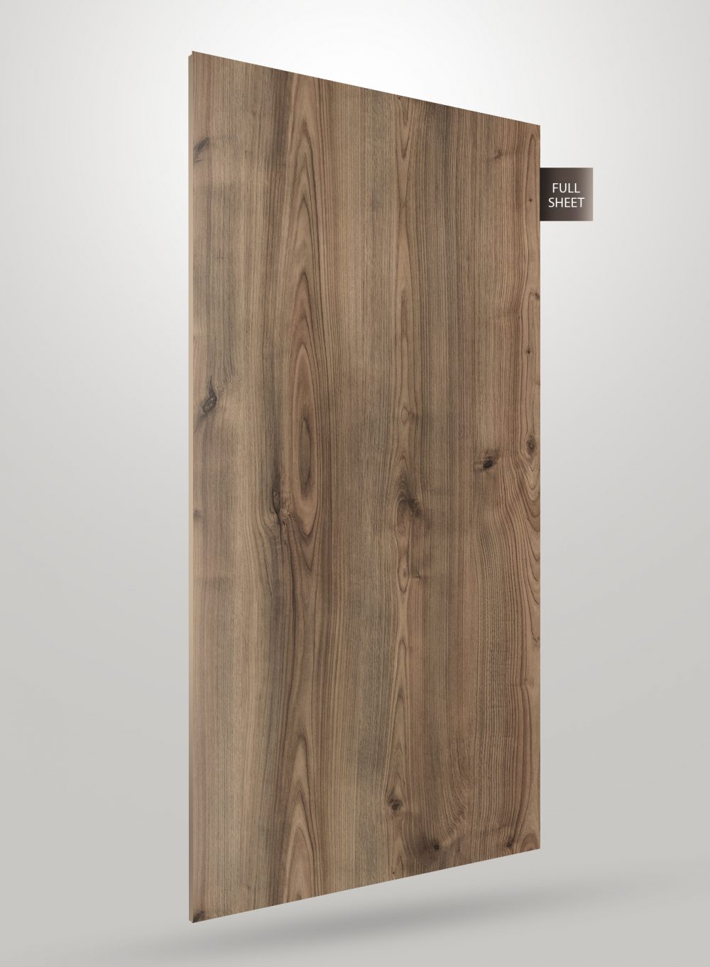 Brown wood grain decorative laminate with matte finish and visible texture, showcasing a natural wood pattern on a full