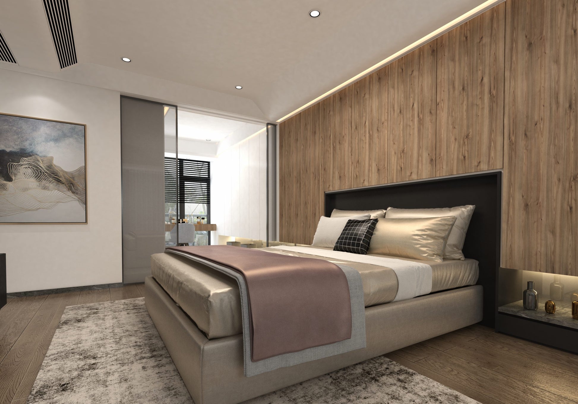 Wooden laminate wall paneling with matte finish in a modern bedroom with a bed and minimalist decor.