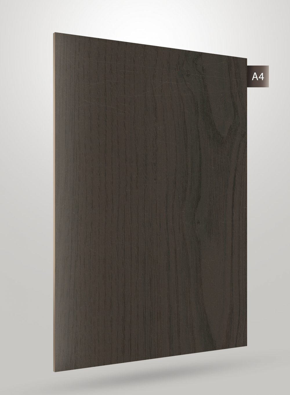 Dark brown wood grain laminate with matte finish and visible texture, showing wood pattern and subtle sheen variation.
