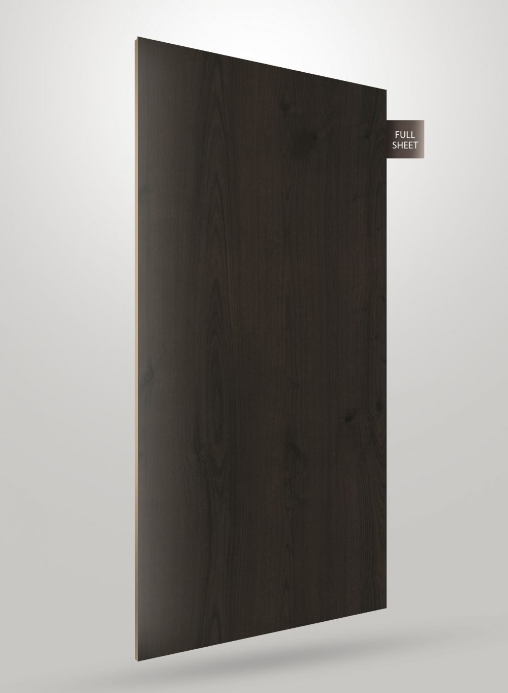 Dark wood grain decorative laminate with matte finish and visible wood texture on a full sheet.