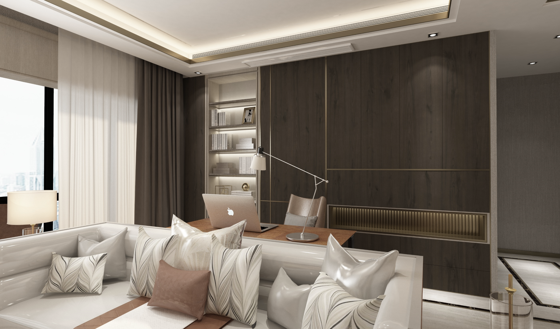 Dark wood laminate wall with matte finish and wood grain texture in a modern living room setting with white furniture