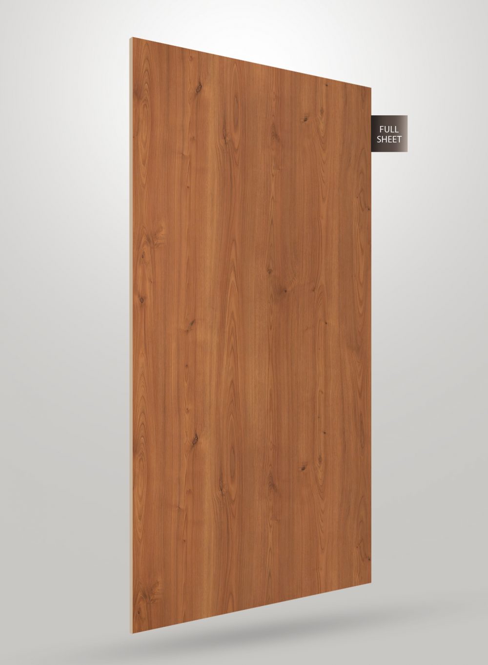 Brown wood grain laminate sheet with matte finish and visible wood texture and knots, labeled full sheet.
