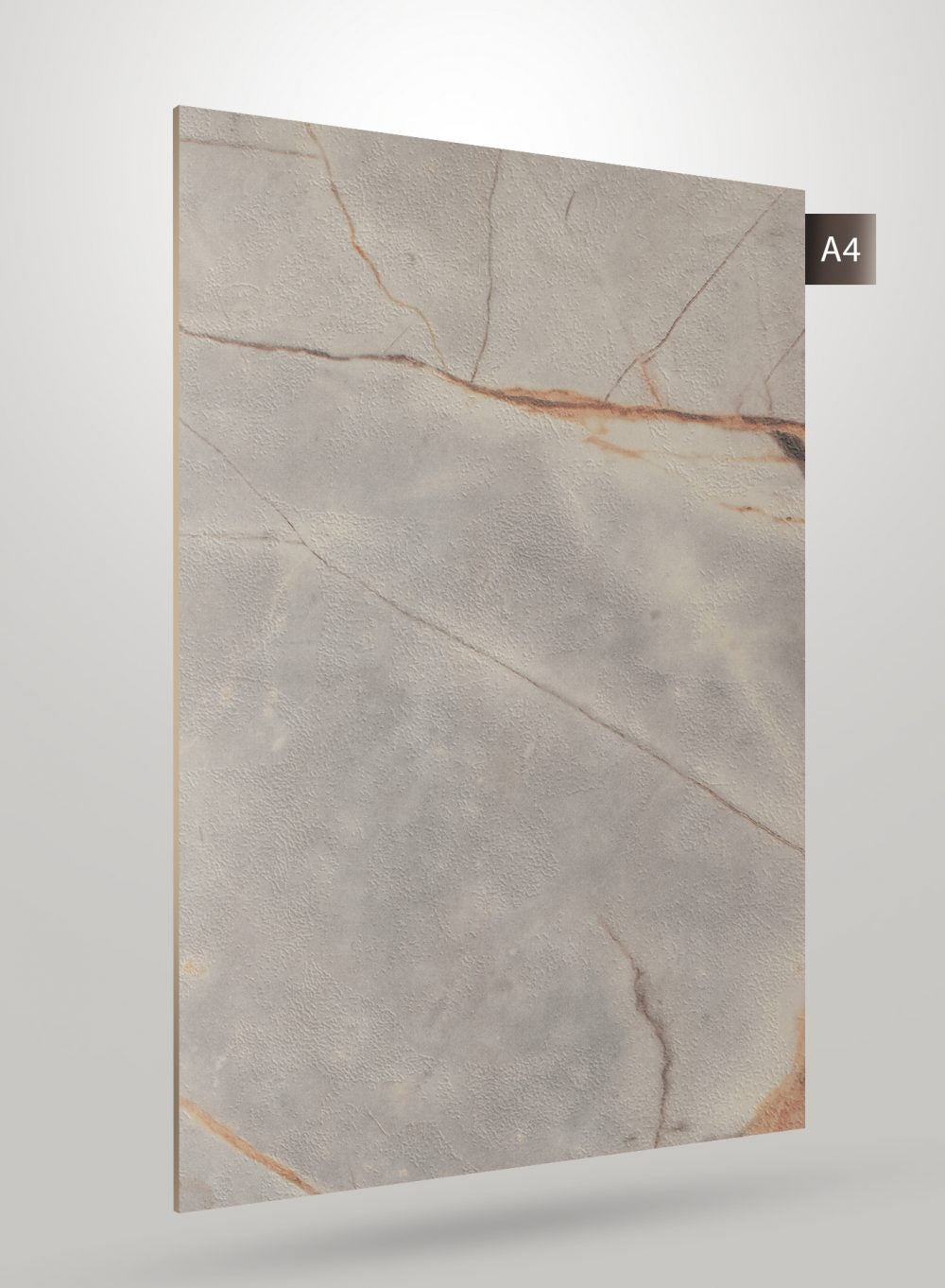 Grey marble laminate with textured finish and brown veining, showing a matte stone pattern and rough surface texture.
