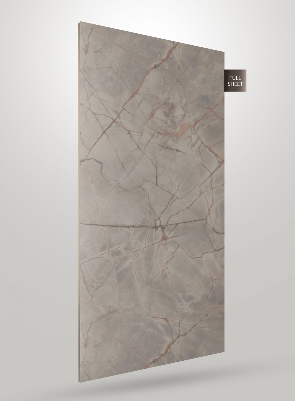 Grey marble laminate sheet with pink veining and matte finish, showing full sheet and edge view.