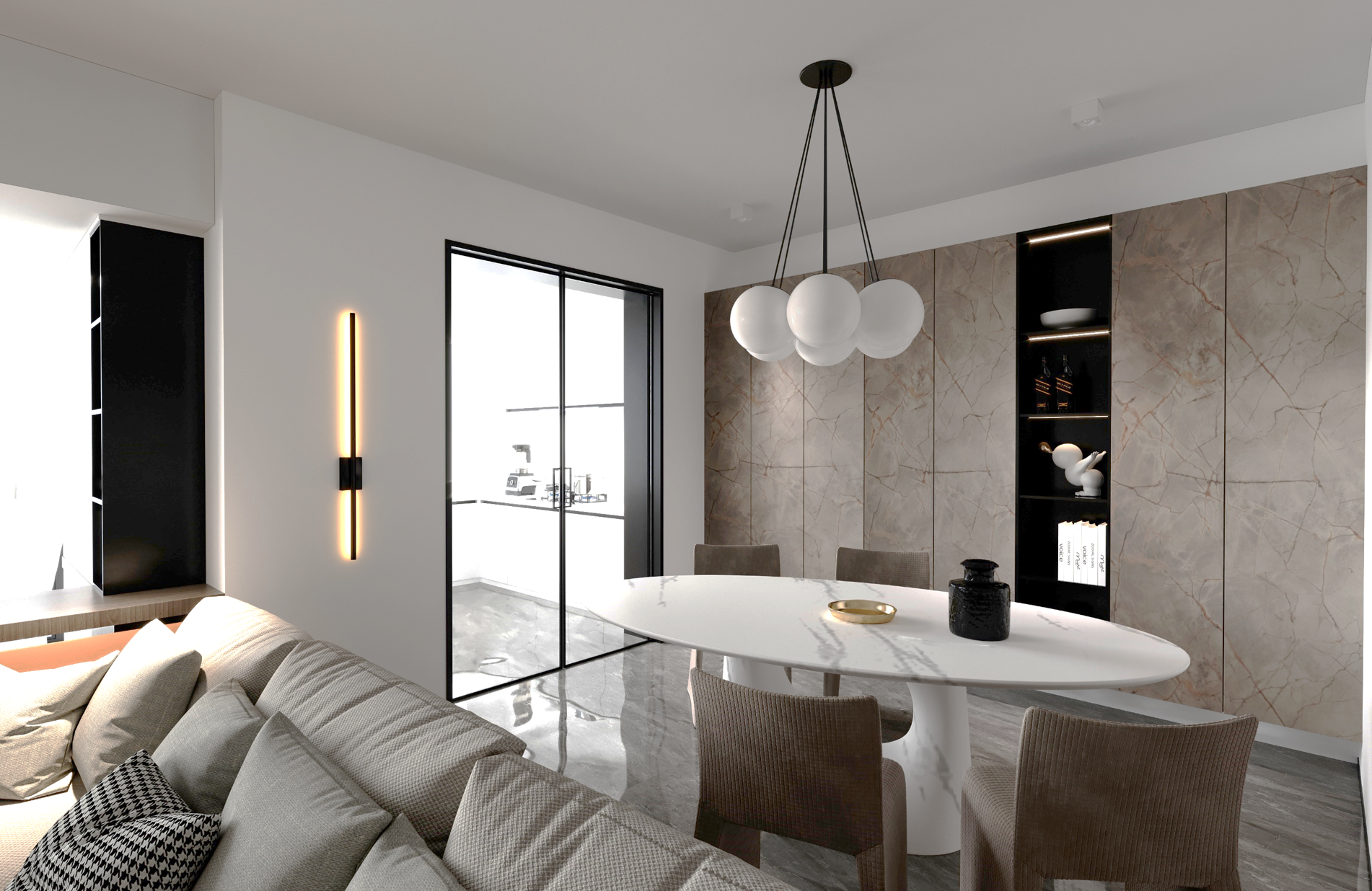 Grey marble laminate wall panels with brown veining in modern dining room interior with minimalist decor and furniture.