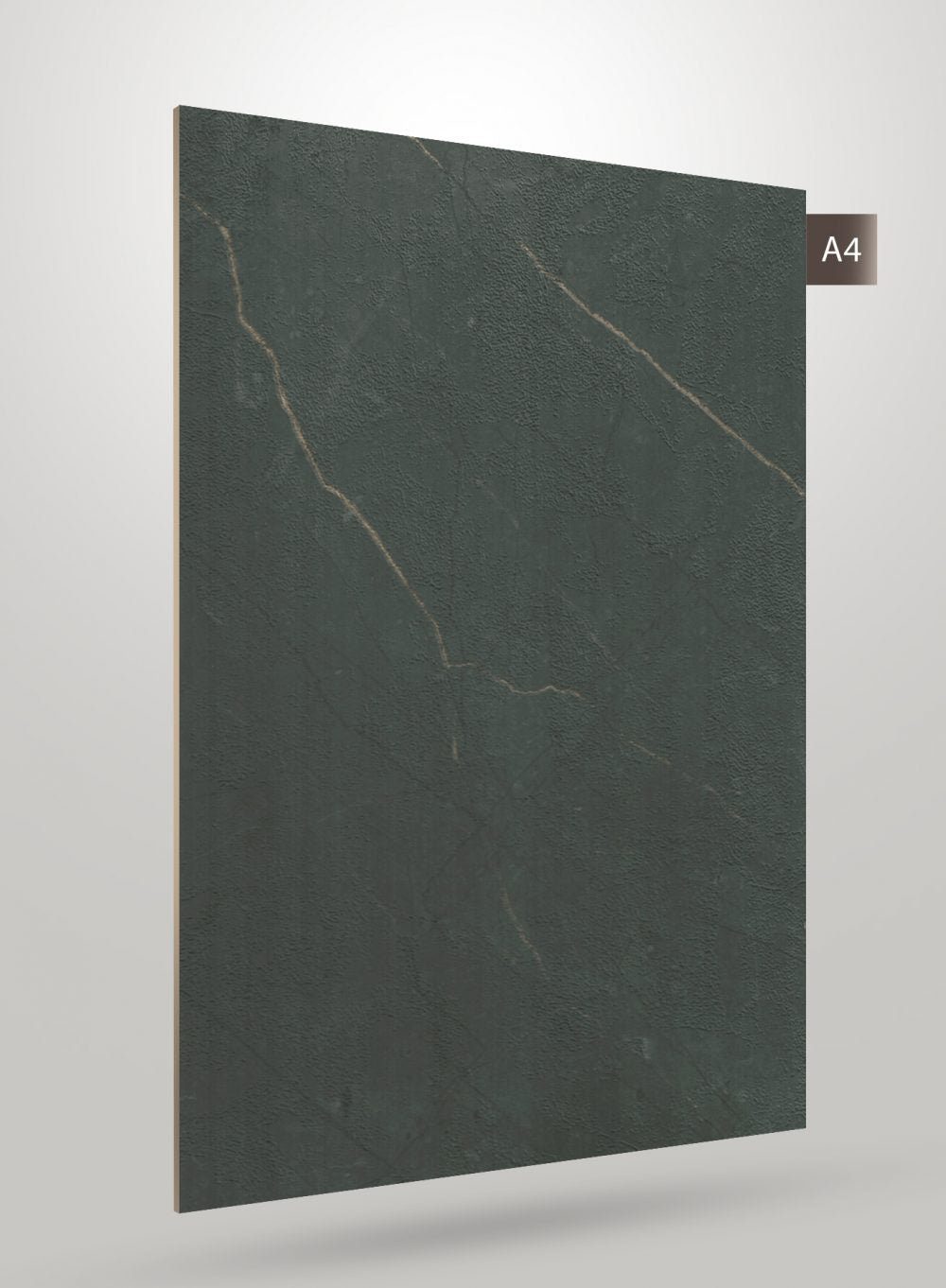 Green marble laminate with matte finish and gold veining, textured surface, decorative stone pattern.