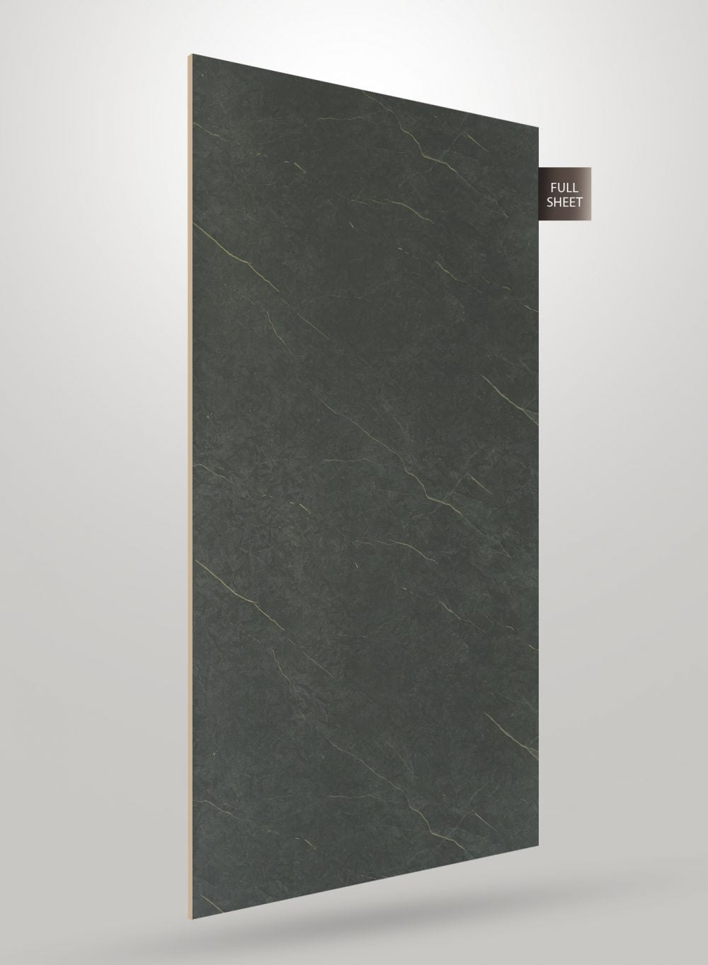 Dark green marble laminate sheet with gold veining and matte finish, shown as full sheet with visible texture and pattern.