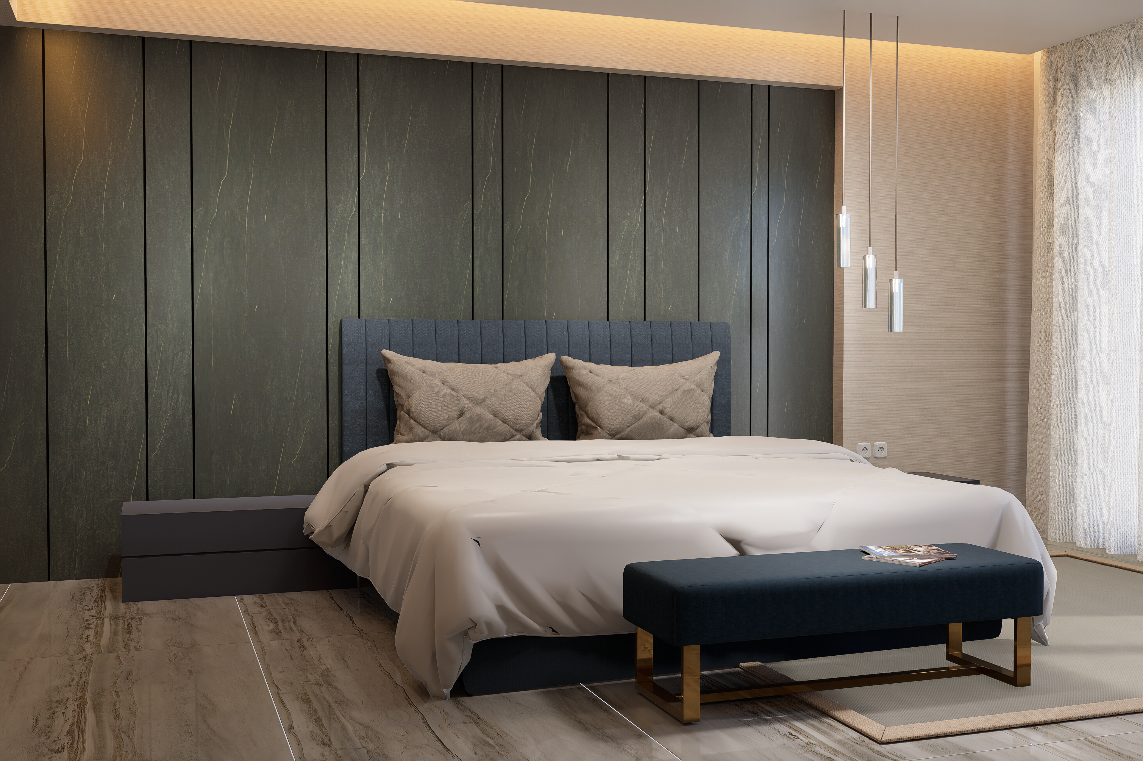 Green marble laminate wall with vertical panels and gold veining in a modern bedroom setting with bed and bench