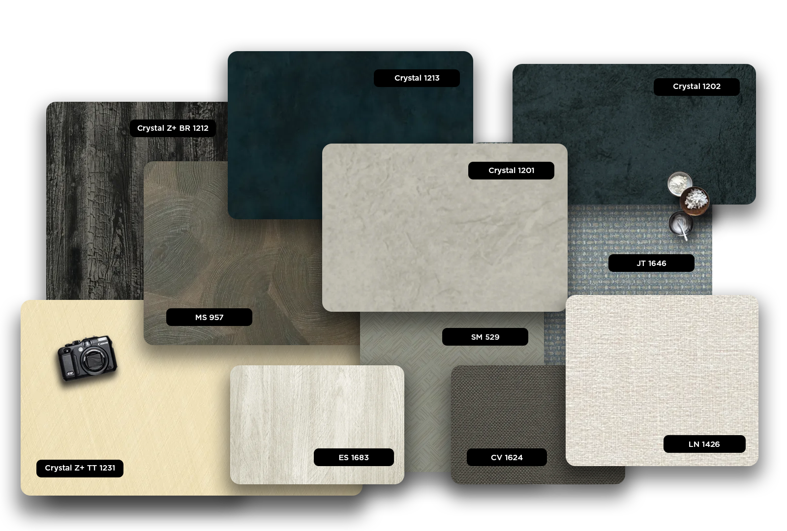 Multicolored fabric laminate with matte finish and textured pattern, sample LN 1426 displayed with various other laminate