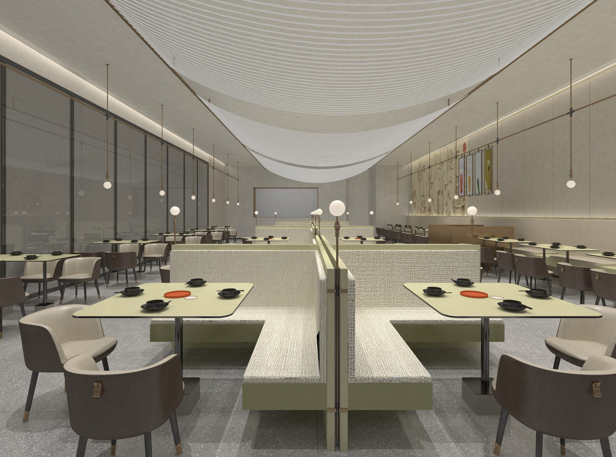 Multi-coloured fabric laminate used in restaurant interior design with textured finish on ceiling and divider walls and