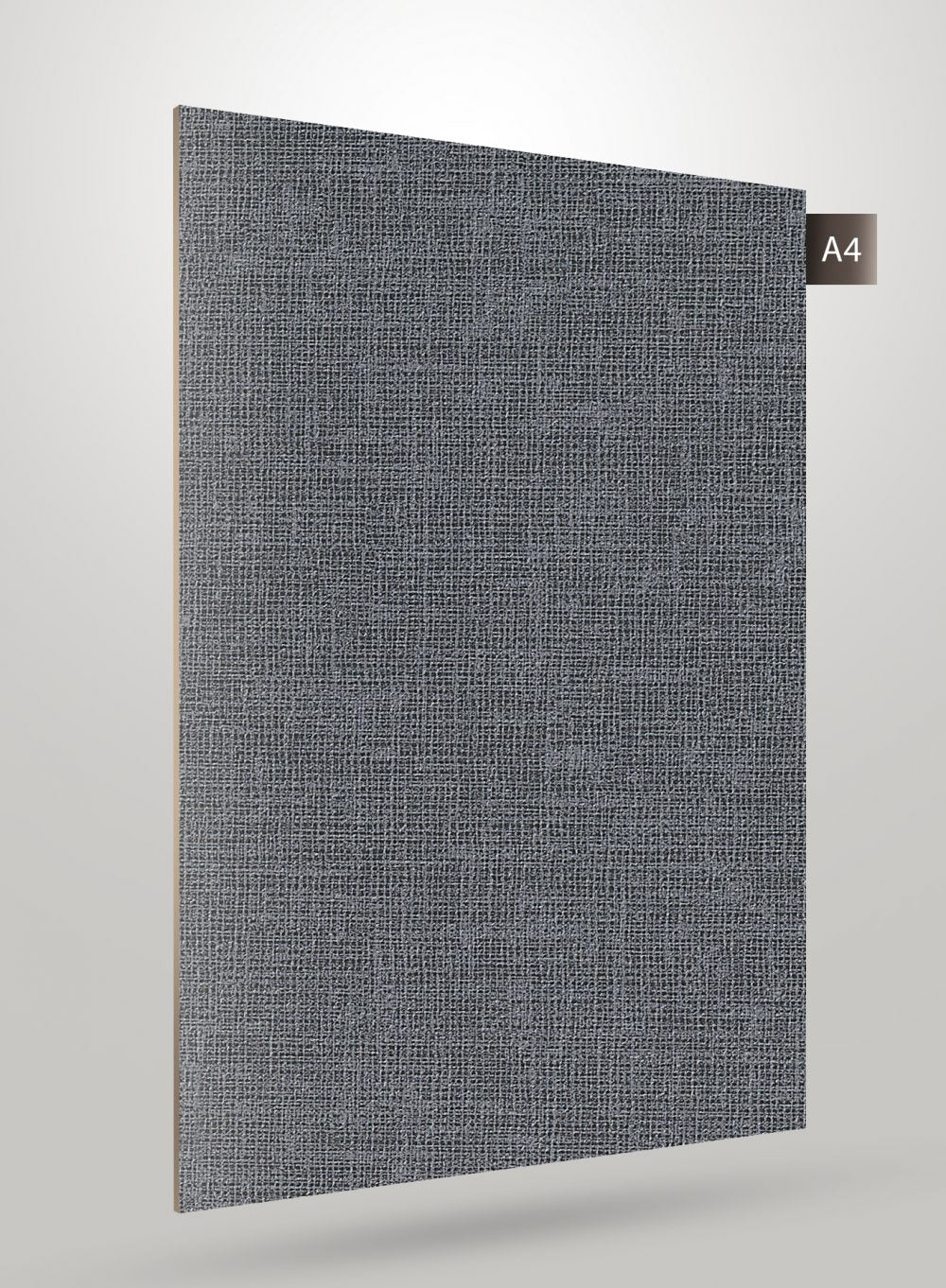 Grey fabric laminate with matte finish and textured weave pattern visible on a sample sheet.