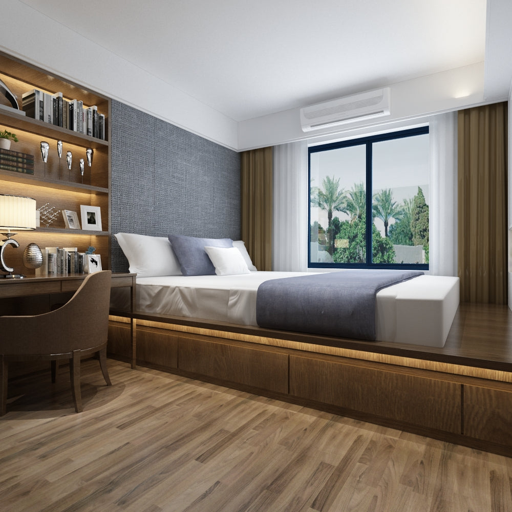 Grey fabric laminate wall in modern bedroom with wooden furniture and large window showing palm trees outside.