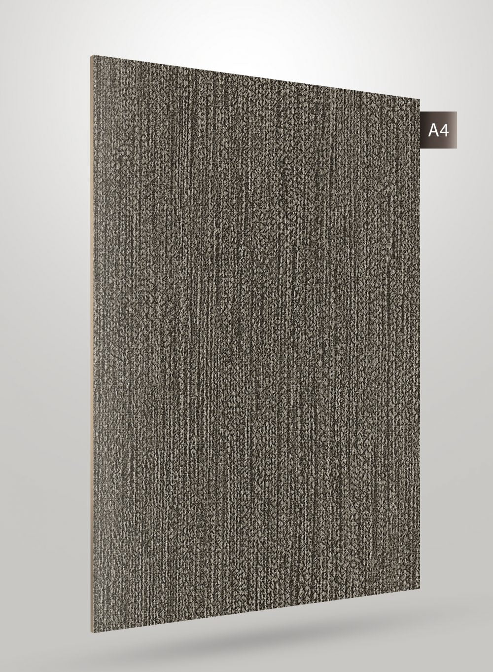 Grey patterned laminate with textured finish and vertical grain, matte sheen, decorative laminate sample labelled A4.