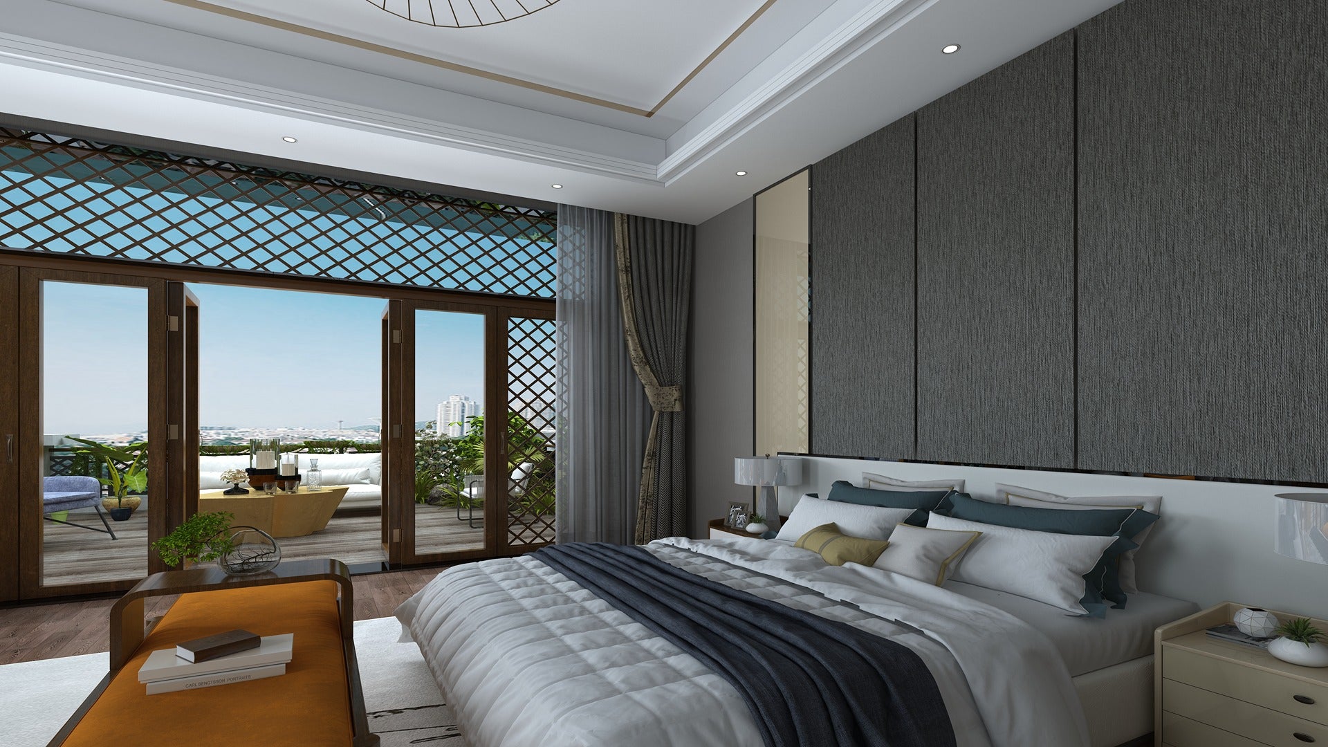 Grey patterned laminate wall panels in modern bedroom with large window and minimalist decor, showing matte finish and