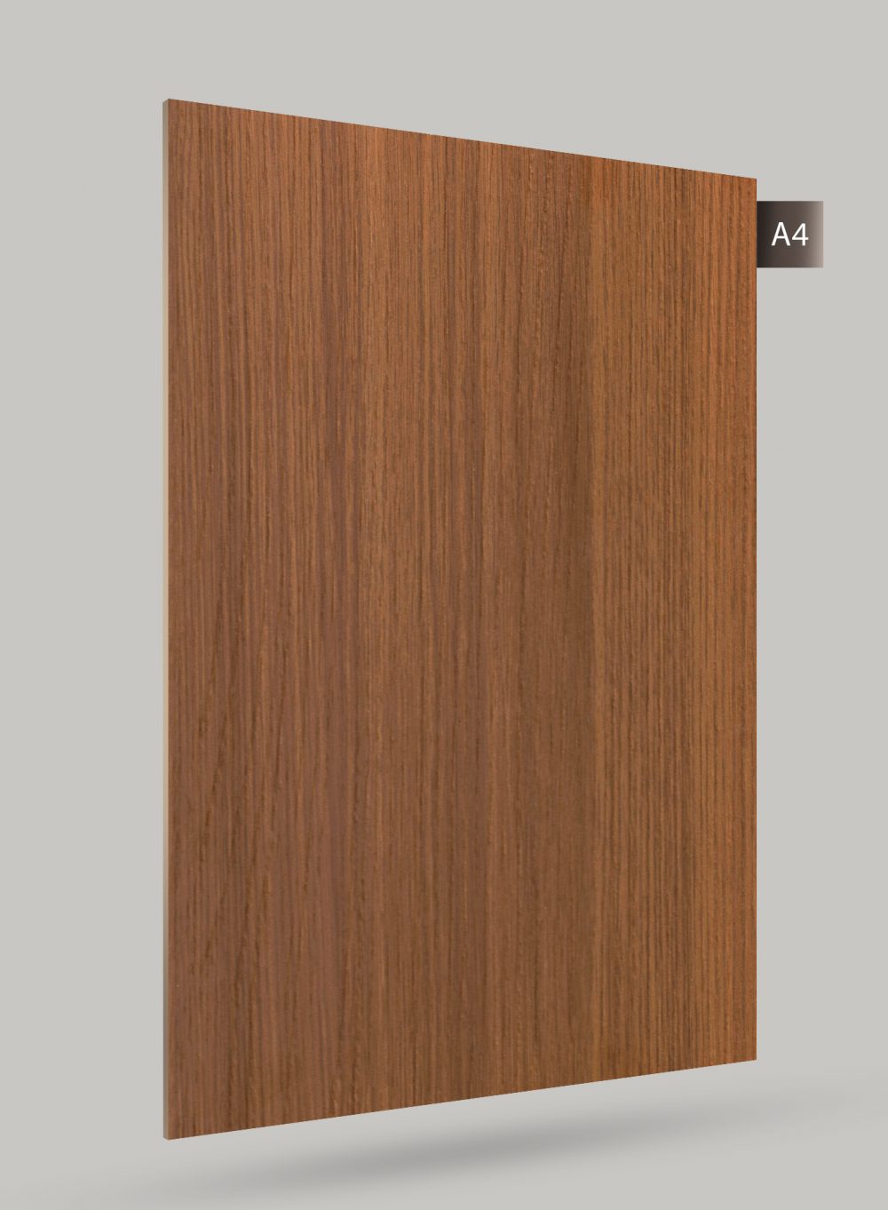Brown wood grain decorative laminate with matte finish and vertical wood pattern texture.