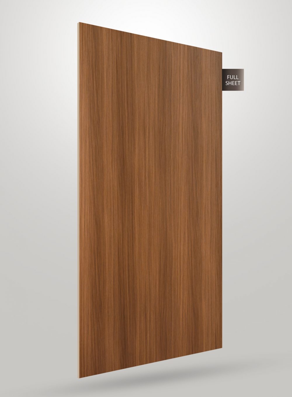 Brown wood grain decorative laminate sheet with matte finish and vertical grain pattern displayed on a white background.