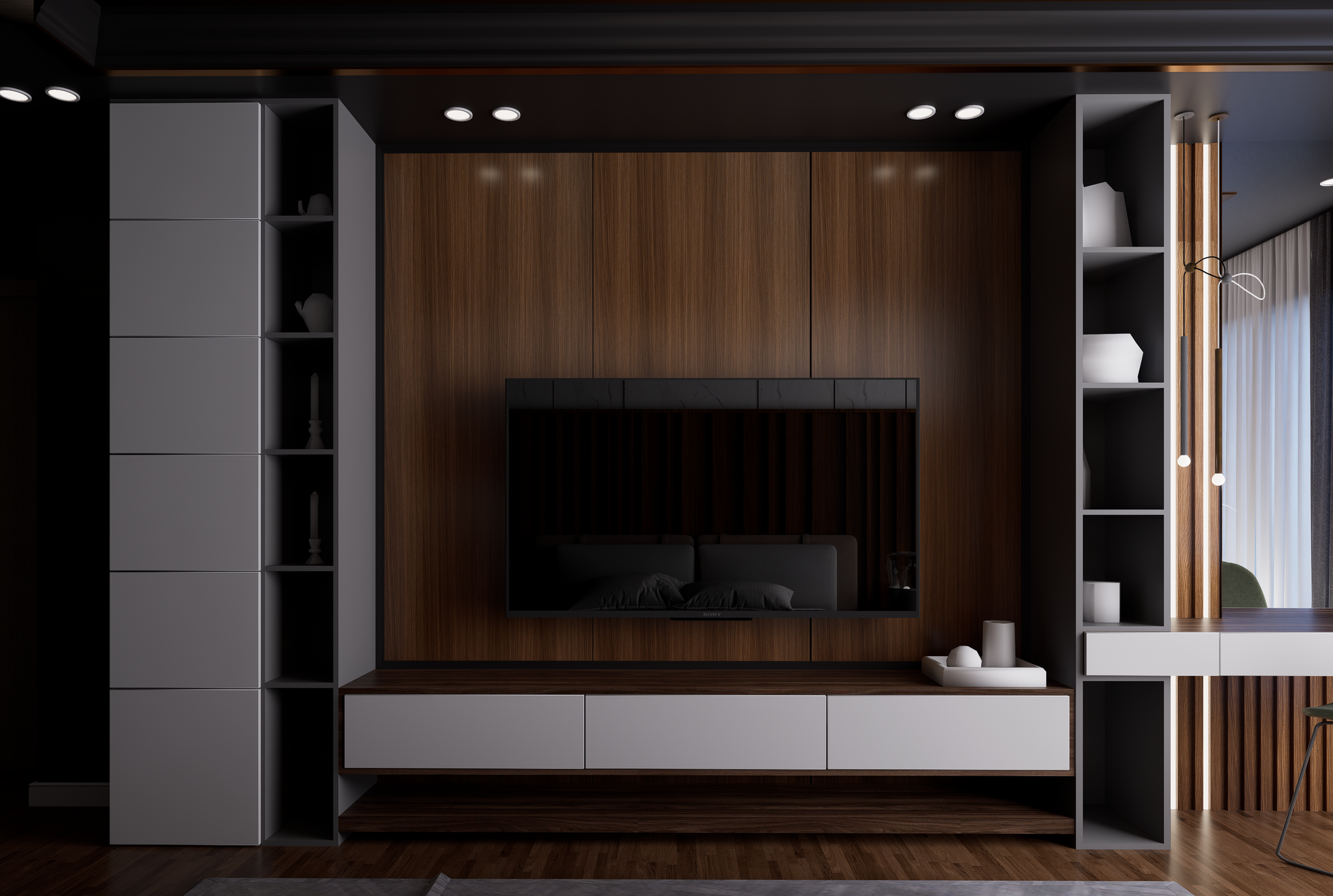 Brown wood grain laminate wall paneling with matte finish in a modern living room setting with sleek furniture and decor.