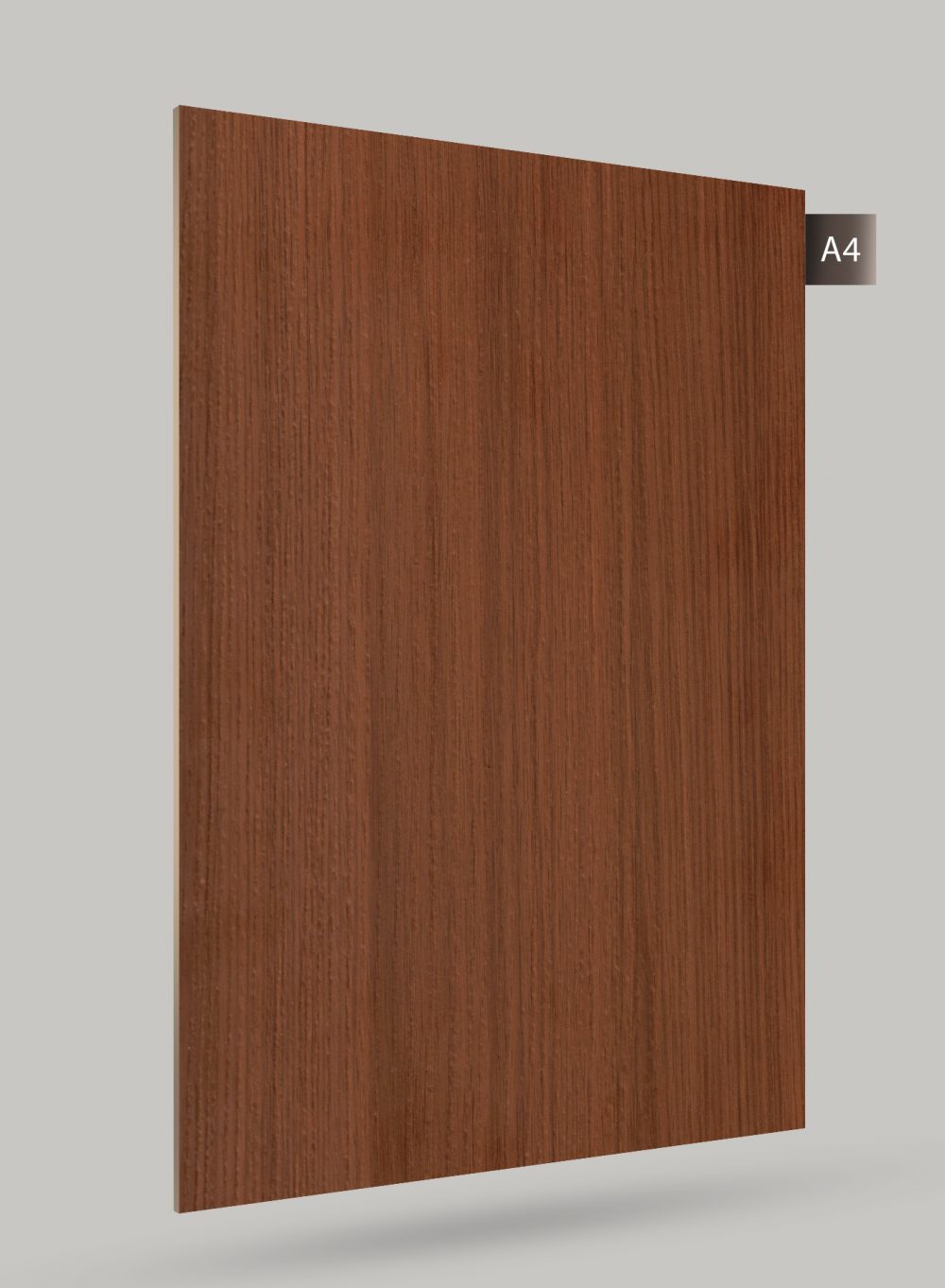 Brown wood grain decorative laminate with matte finish and vertical wood pattern texture.