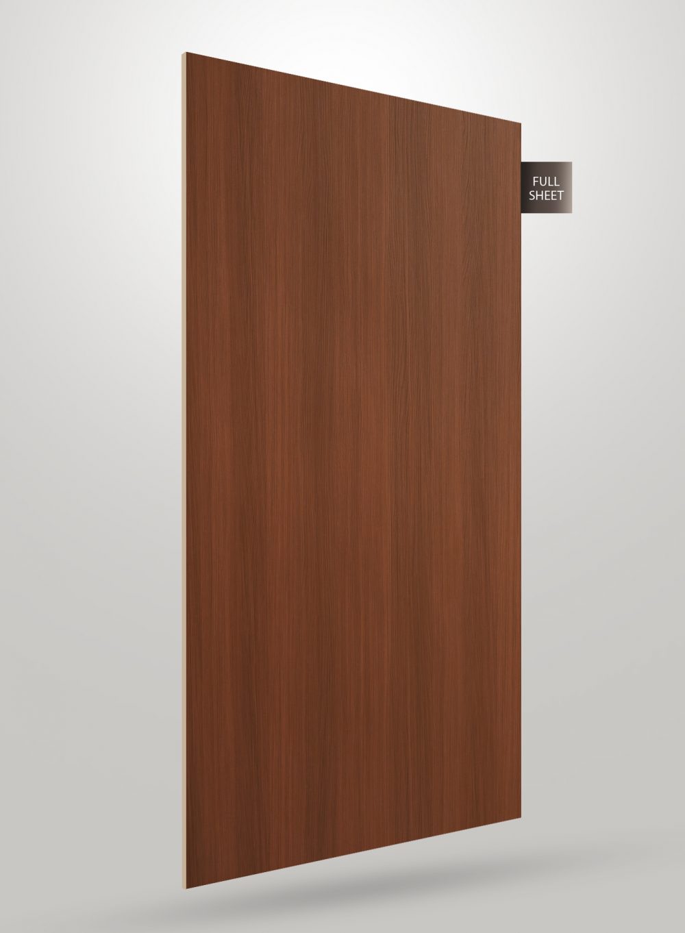 Brown wood grain decorative laminate sheet with matte finish and vertical grain pattern displayed as full sheet.