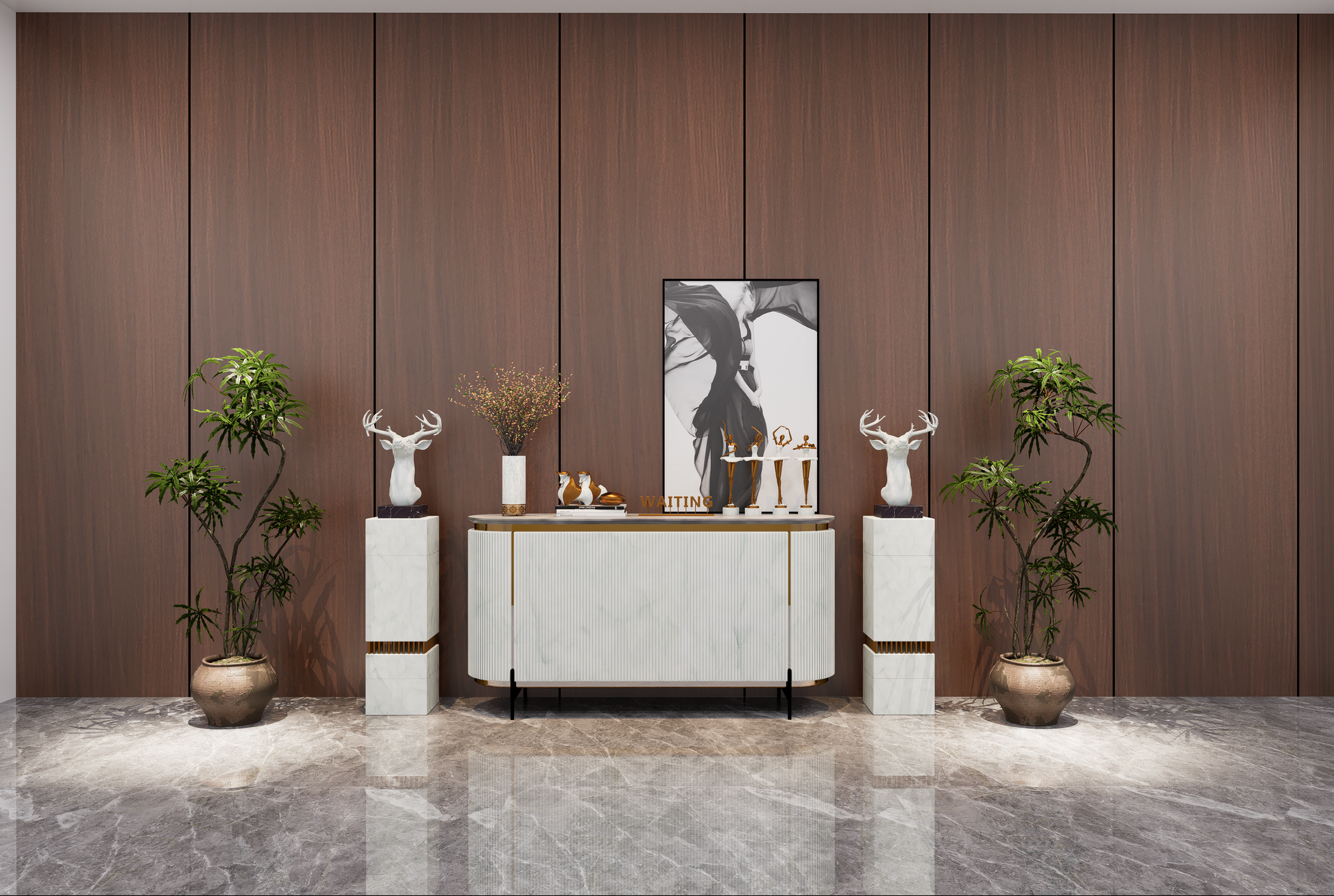 Brown wood grain laminate wall with matte finish, used in modern interior design with decorative furniture and plants.