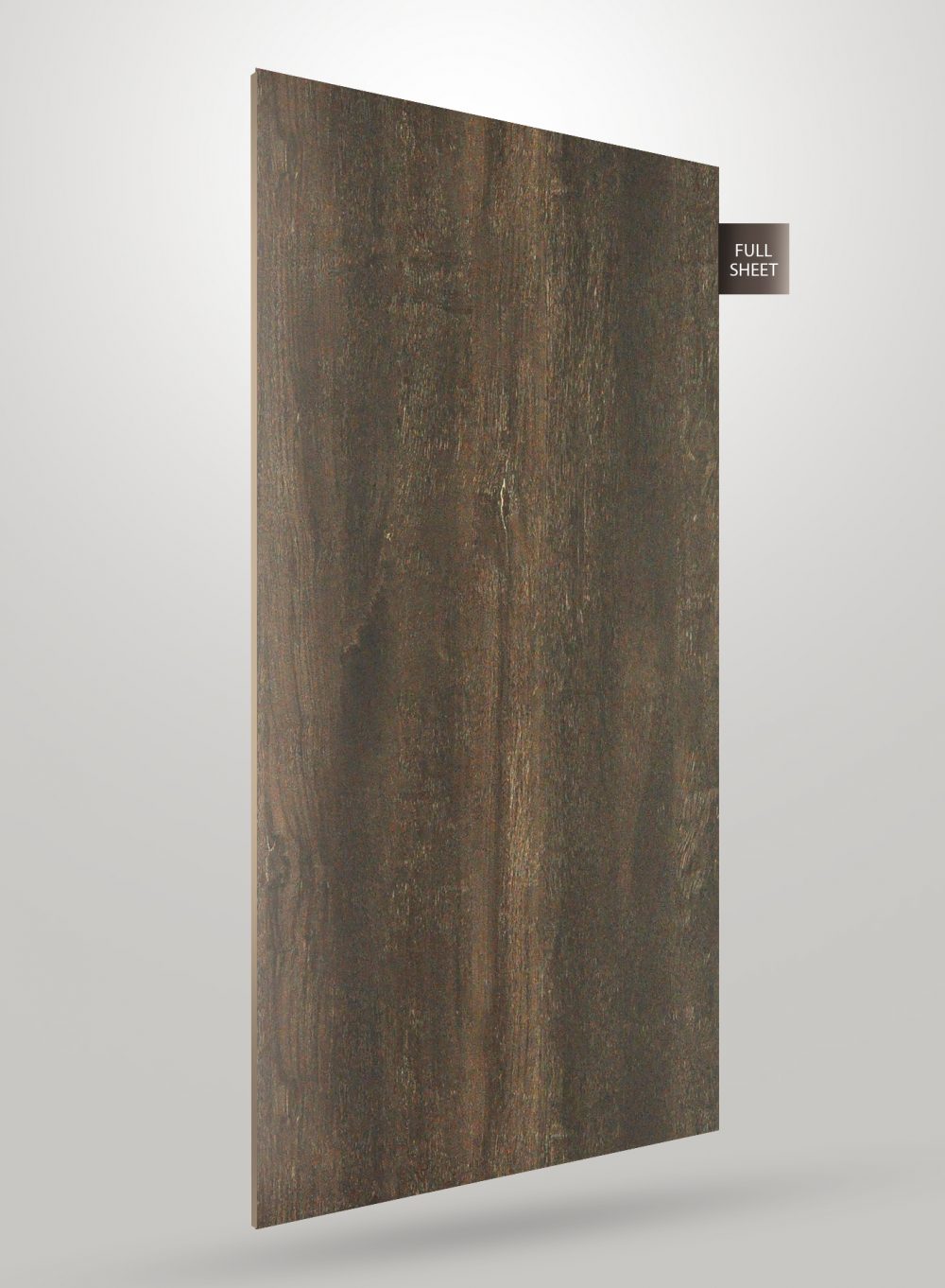 Dark brown wood grain laminate sheet with matte finish and visible texture, labeled full sheet.