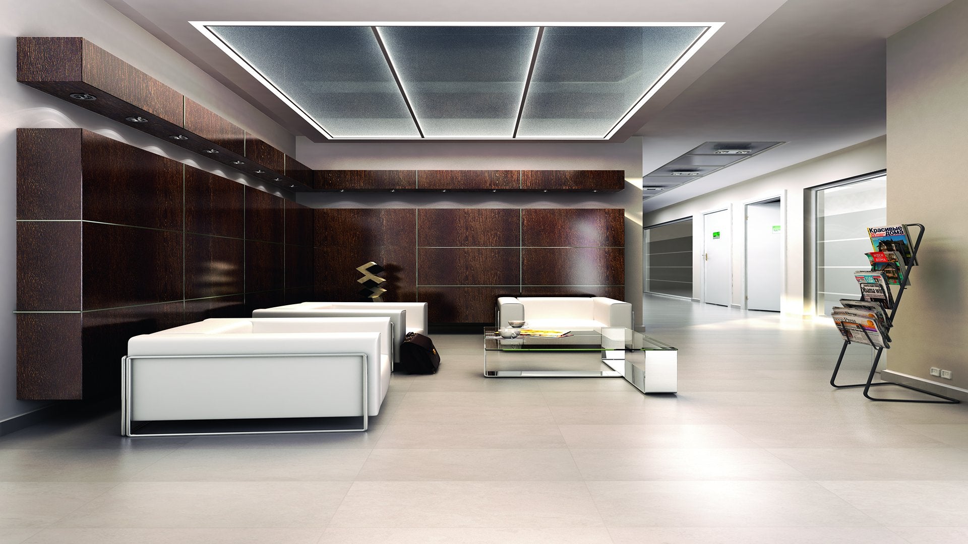 Dark wood laminate wall panels with wood grain texture in modern office space with white furniture and minimalist decor